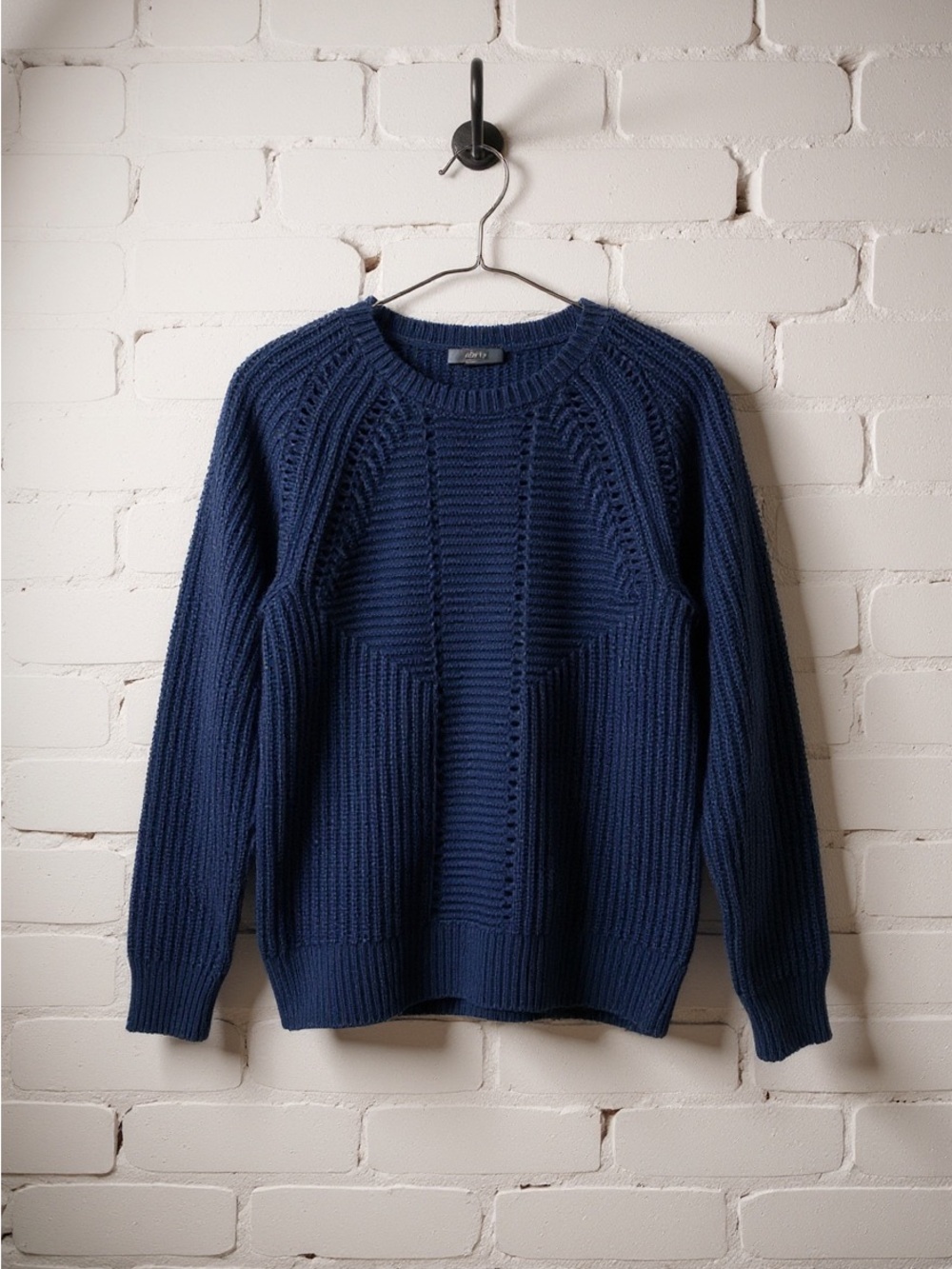 J Crew Navy Blue Wool Cotton Chunky Sheer Open Cable Knit Pullover Sweater Top S